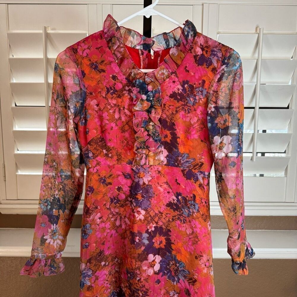 Vintage XS Sheer Sleeve Floral Maxi Dress Ruffle Pink Orange Feminine Fairycore - Picture 2 of 9